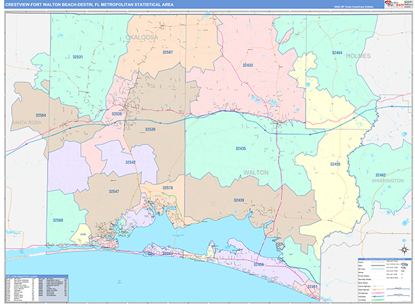 Crestview-Fort Walton Beach-Destin Metro Area Wall Map Color Cast Style